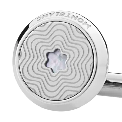 Cufflinks, round in stainless steel with exploding star pattern and mother-of-pearl snowcap emblem