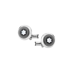 Cufflinks, round in stainless steel with ray pattern and mother-of-pearl snowcap emblem