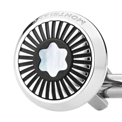 Cufflinks, round in stainless steel with ray pattern and mother-of-pearl snowcap emblem