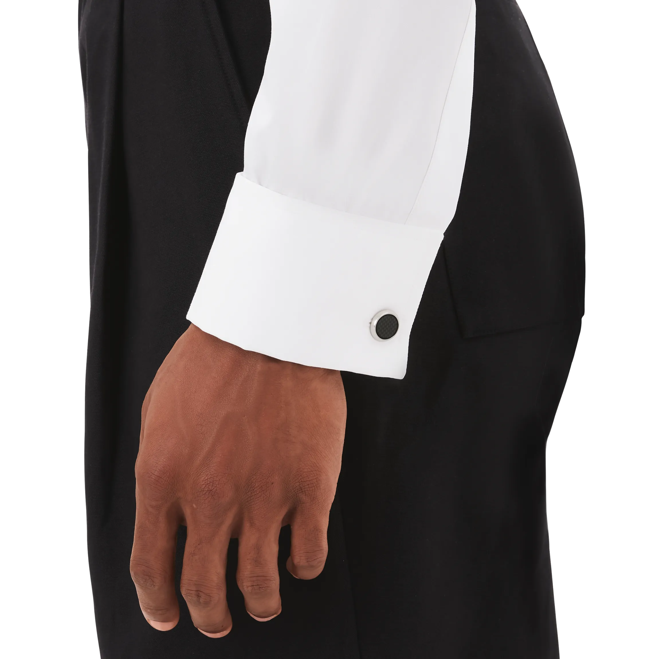 Cufflinks, round in stainless steel with carbon-patterned inlay